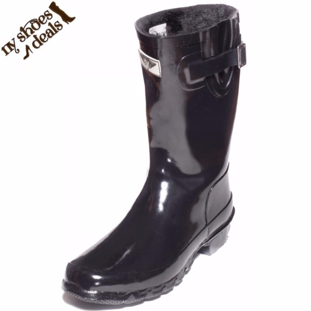 Women Rubber Rain Boots, Faux Fur Lined Black Garden Rainboots, NEW